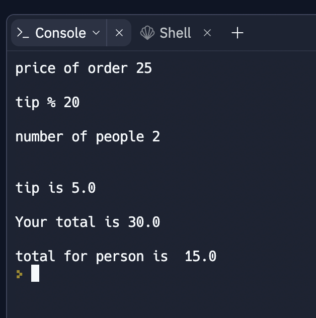 a tip calculator created using coding language of Python